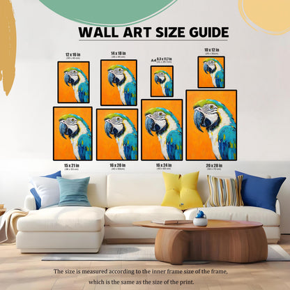 A collage showing different sizes of the parrot painting displayed on a wall above a couch. An overlaid guide shows various dimensions like 12x16 and 16x20 inches.