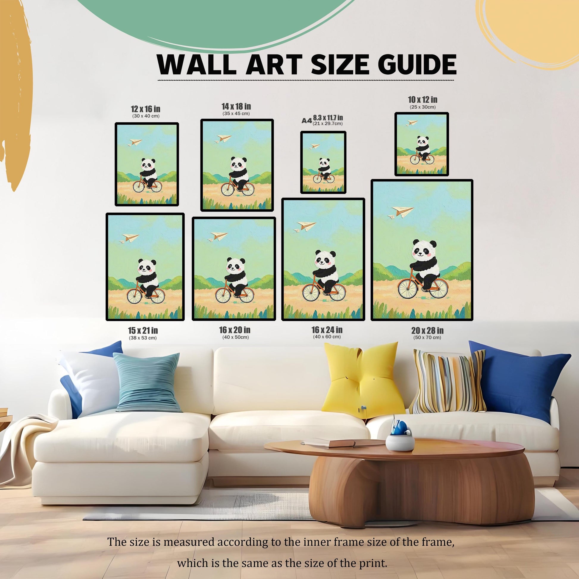 May include: A wall art size guide displays framed panda bear art prints in various sizes, including 12x16 inches, 14x18 inches, and 20x28 inches. The prints feature a panda riding a bicycle against a landscape background.