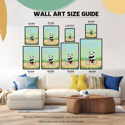 May include: A wall art size guide displays framed panda bear art prints in various sizes, including 12x16 inches, 14x18 inches, and 20x28 inches. The prints feature a panda riding a bicycle against a landscape background.