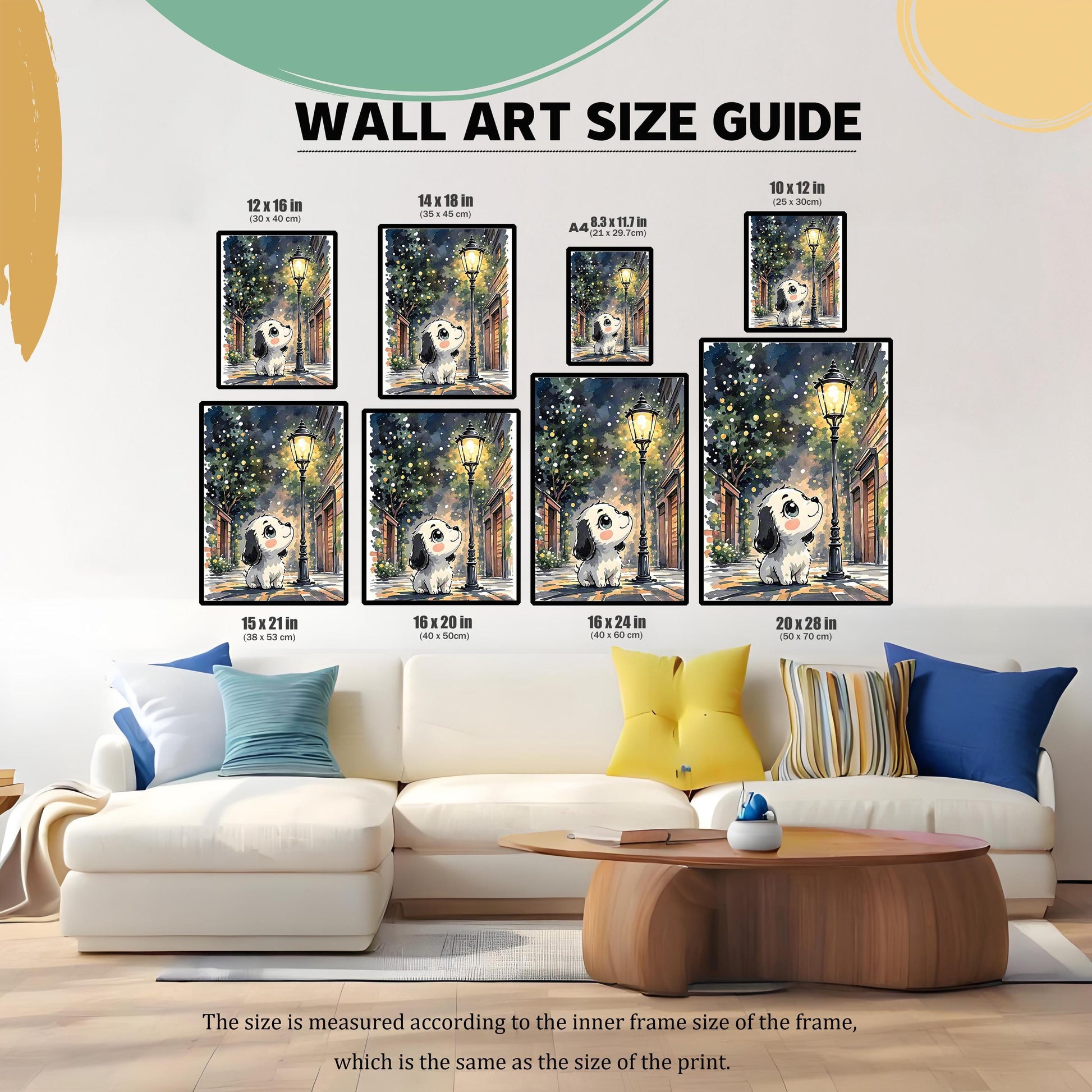 May include: A wall art size guide displays framed prints of a dog under a street lamp. The guide shows various sizes, including 12 x 16 inches, 14 x 18 inches, and 20 x 28 inches. The text "WALL ART SIZE GUIDE" is at the top.