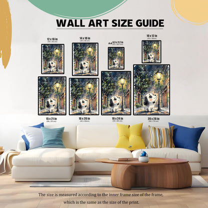 May include: A wall art size guide displays framed prints of a dog under a street lamp. The guide shows various sizes, including 12 x 16 inches, 14 x 18 inches, and 20 x 28 inches. The text "WALL ART SIZE GUIDE" is at the top.