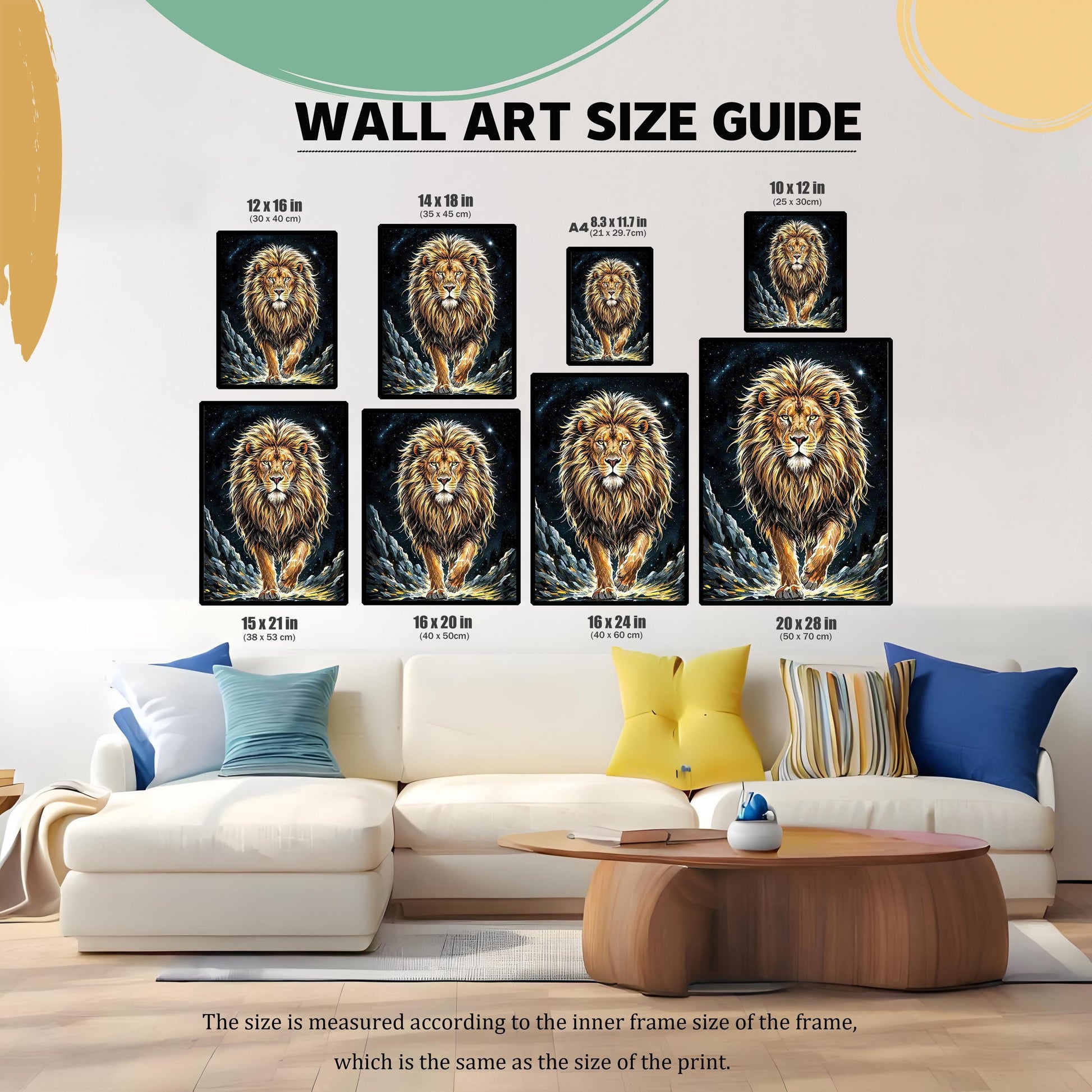 A "Wall Art Size Guide" showing various sizes of the lion art, from 8.3x11.7 in to 20x28 in, hanging above a green sofa.
