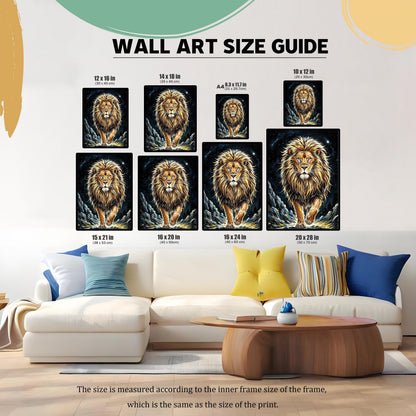 A "Wall Art Size Guide" showing various sizes of the lion art, from 8.3x11.7 in to 20x28 in, hanging above a green sofa.