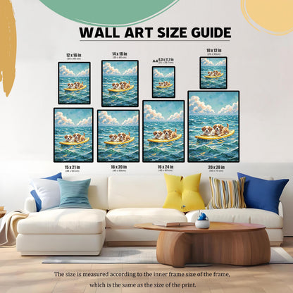 A size guide for framed wall art, with different sizes of prints displayed above a sofa. A note at the bottom clarifies that the size refers to the inner frame and print size.
