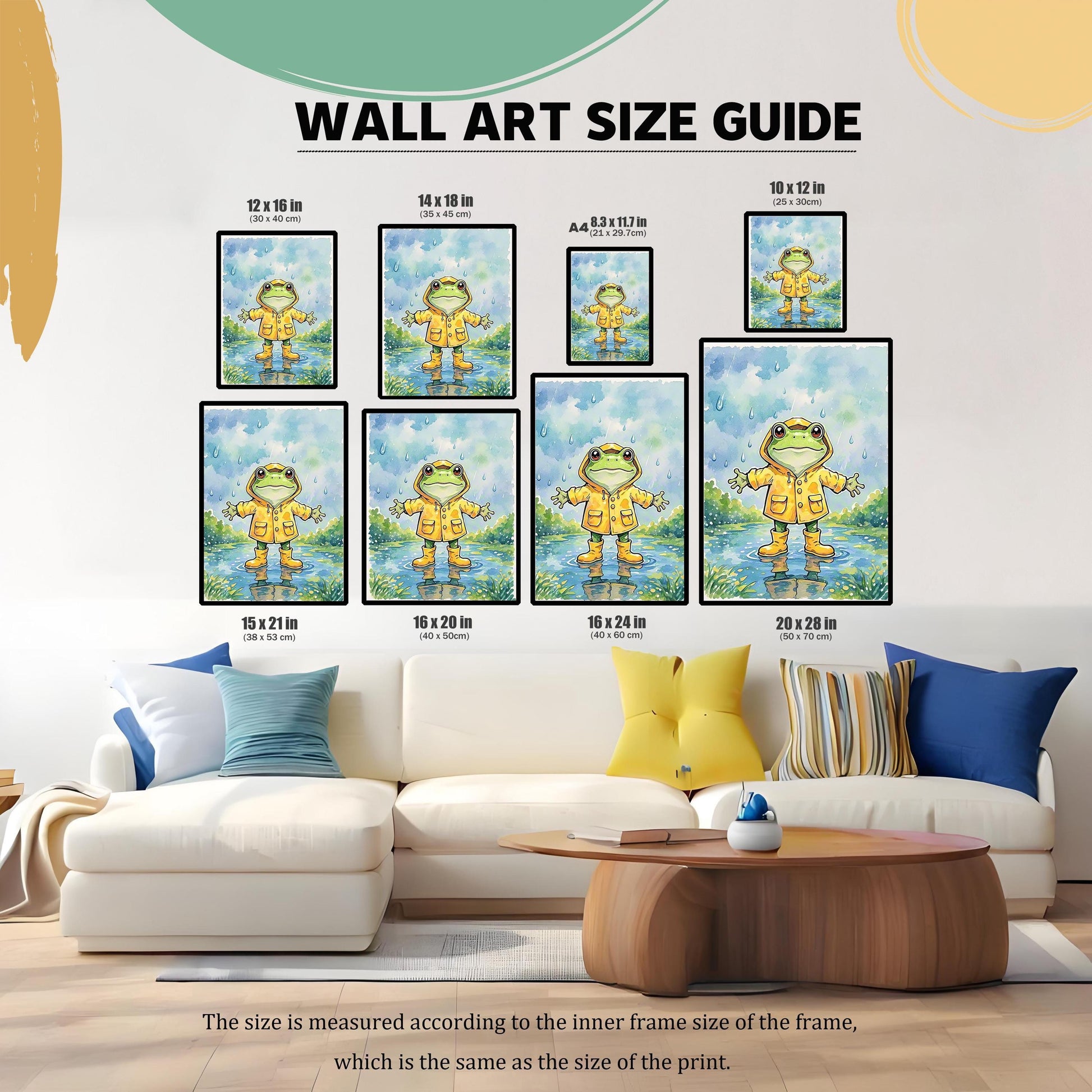 A size guide for framed wall art, with different sizes of prints displayed above a sofa. A note at the bottom clarifies that the size refers to the inner frame and print size.