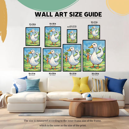 A size guide for framed wall art, with different sizes of prints displayed above a sofa. A note at the bottom clarifies that the size refers to the inner frame and print size.