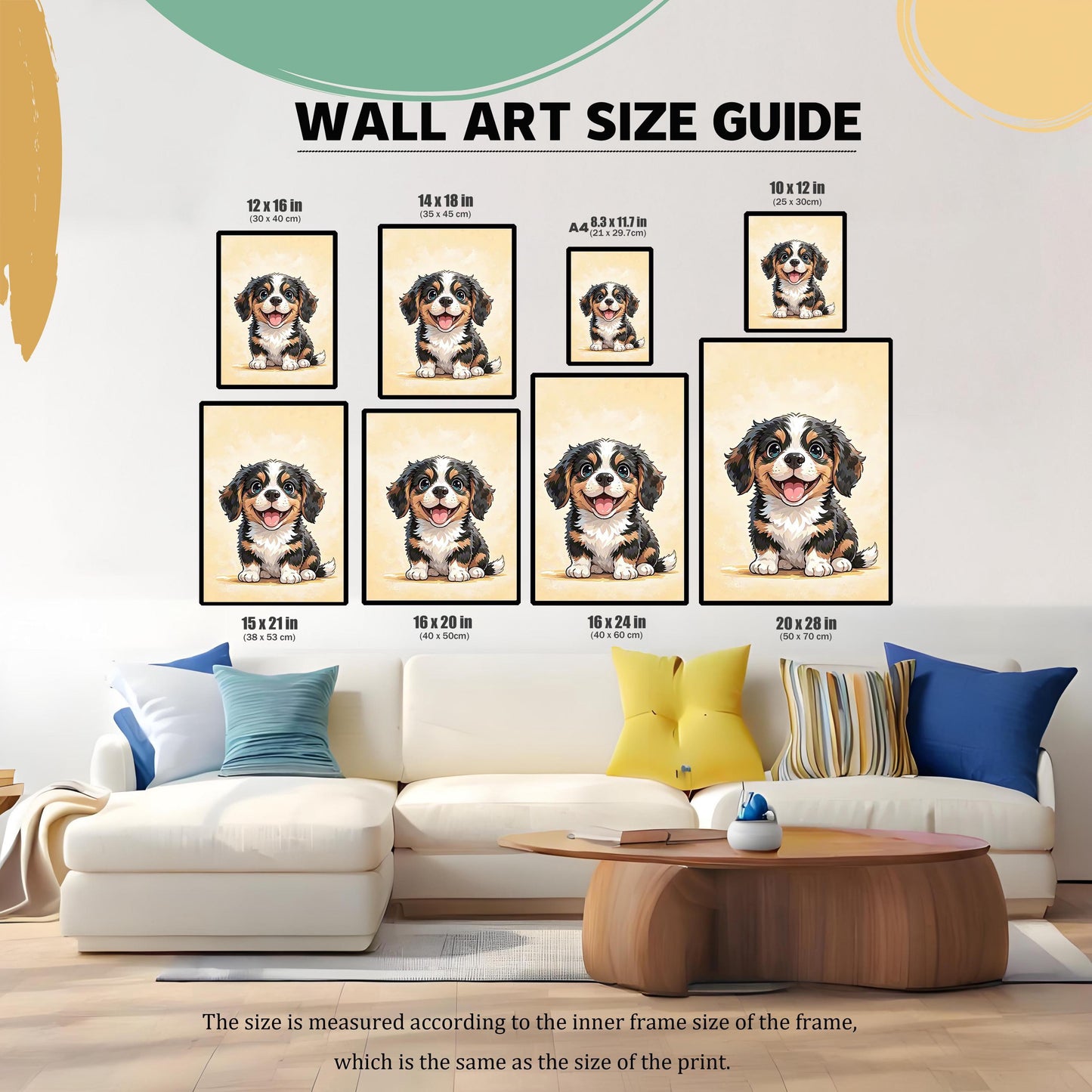 A wall art size guide showing the same cute puppy print in various sizes, from 10x12 inches to 20x28 inches, displayed above a light-colored couch.