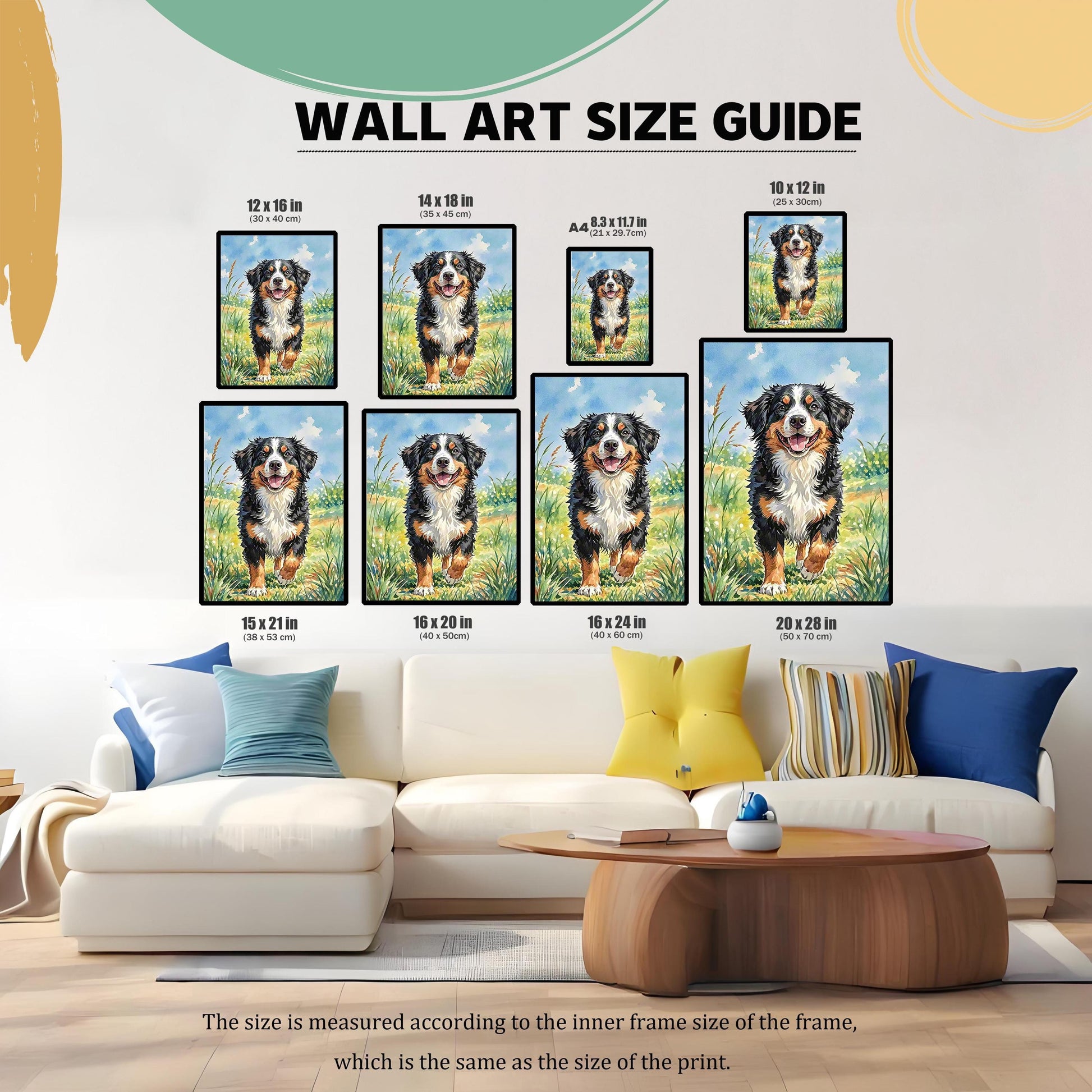 A wall art size guide showing the Bernese mountain dog print in various sizes, from 10x12 inches to 20x28 inches, displayed above a light-colored couch.