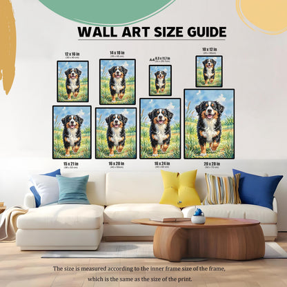 A wall art size guide showing the Bernese mountain dog print in various sizes, from 10x12 inches to 20x28 inches, displayed above a light-colored couch.