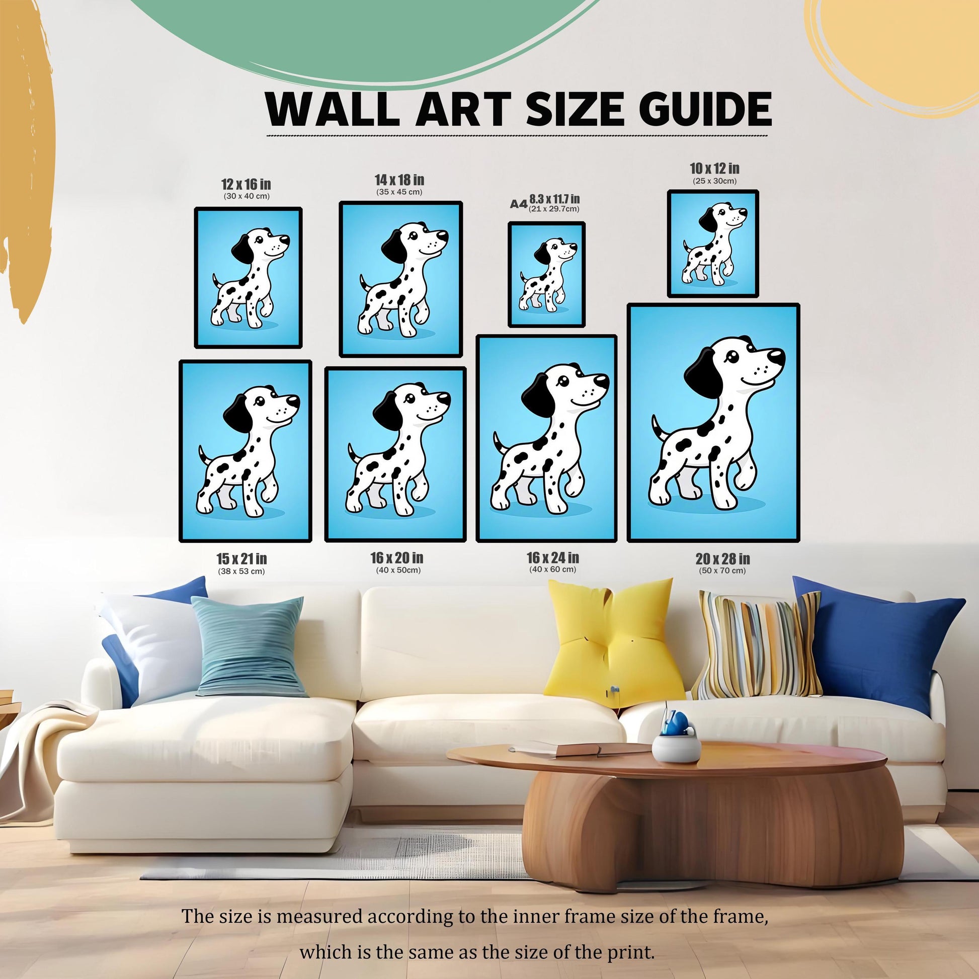 A wall art size guide showing the Dalmatian print in various sizes, from 10x12 inches to 20x28 inches, displayed above a light-colored couch.