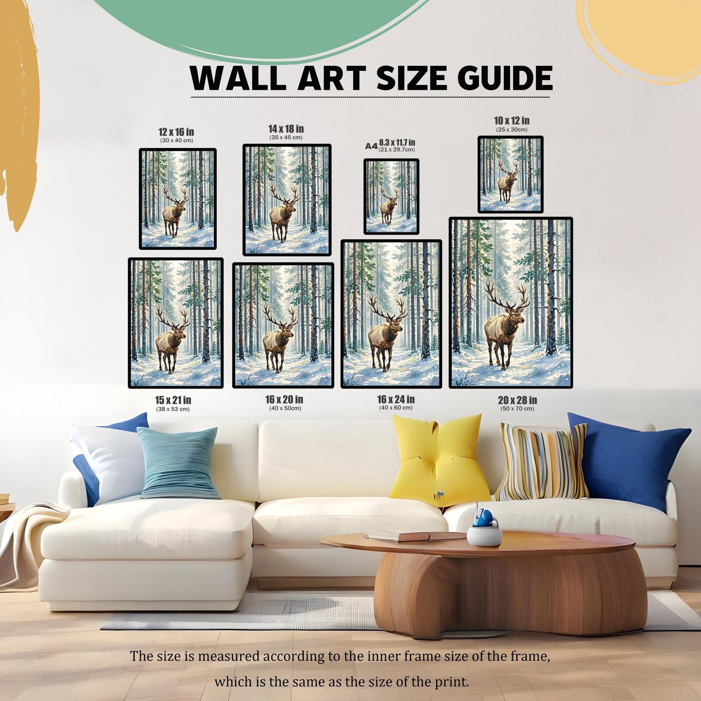 A size guide showing various framed art sizes of an elk painting, positioned above a white couch in a living room setting. The sizes range from 8.3x11.7 inches to 20x28 inches.