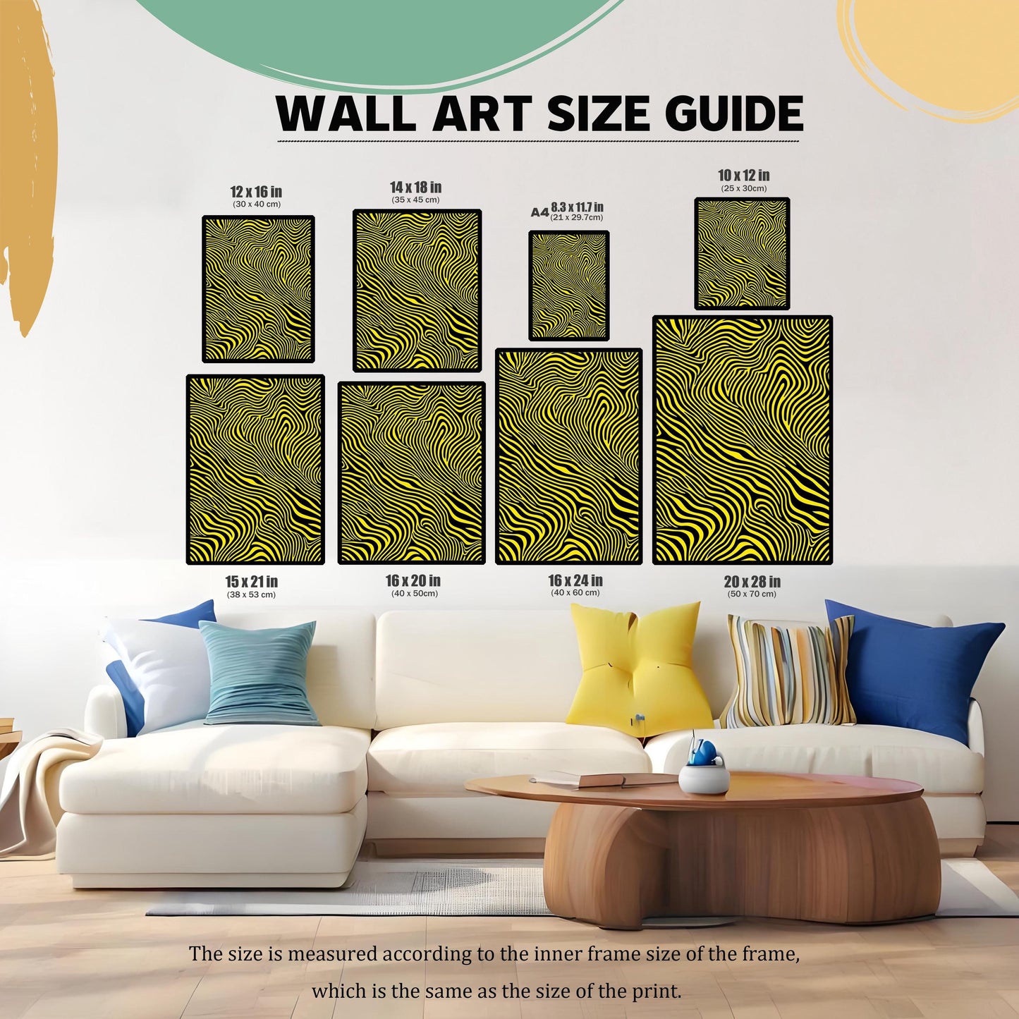 A Wall Art Size Guide graphic showing multiple frame sizes with the yellow and black striped print, positioned above a white couch. Sizes include 12×16 in, 14×18 in, 8.3×11.7 in (A4), 10×12 in, 15×21 in, 16×20 in, 16×24 in, and 20×28 in.