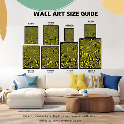 A Wall Art Size Guide graphic showing multiple frame sizes with the yellow and black striped print, positioned above a white couch. Sizes include 12×16 in, 14×18 in, 8.3×11.7 in (A4), 10×12 in, 15×21 in, 16×20 in, 16×24 in, and 20×28 in.