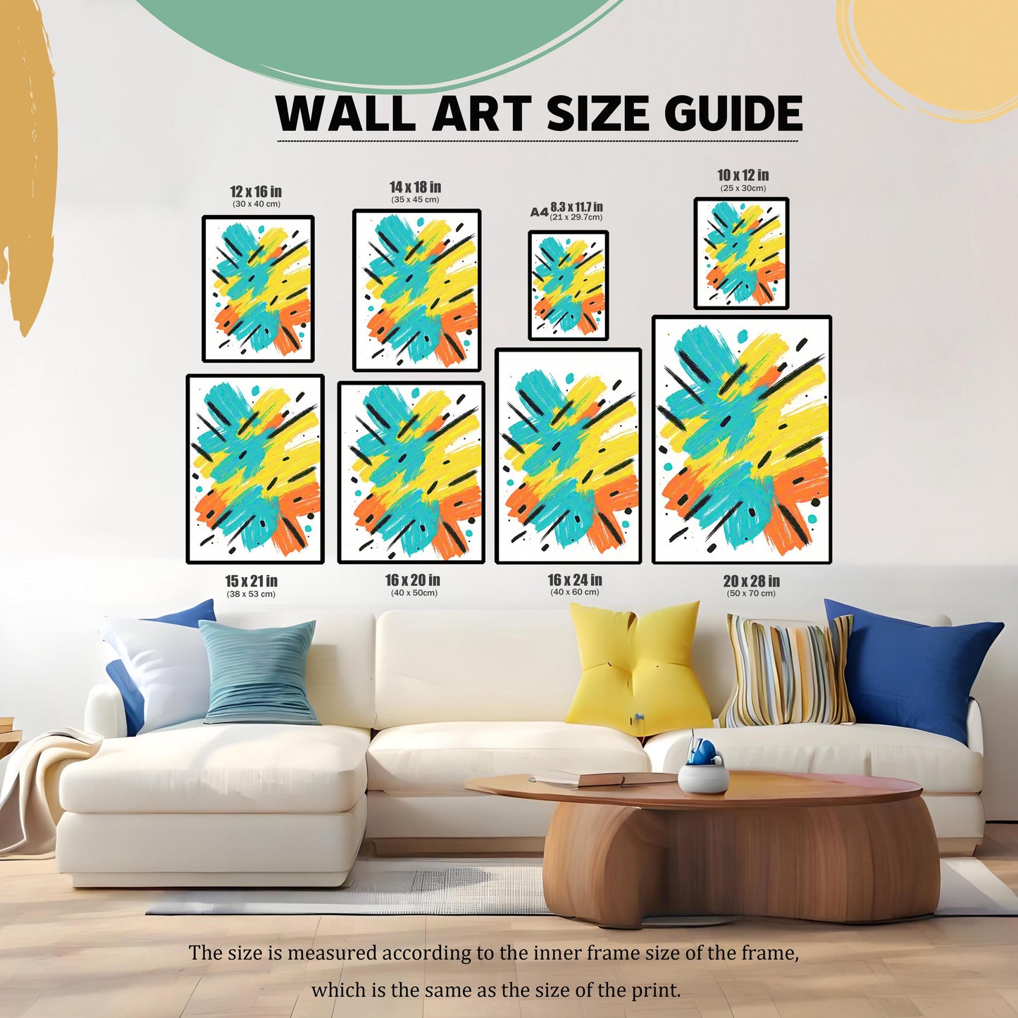 A Wall Art Size Guide showing the framed abstract print in nine different sizes (e.g., 12x16 in, 16x20 in) superimposed over a white couch in a living room for scale.