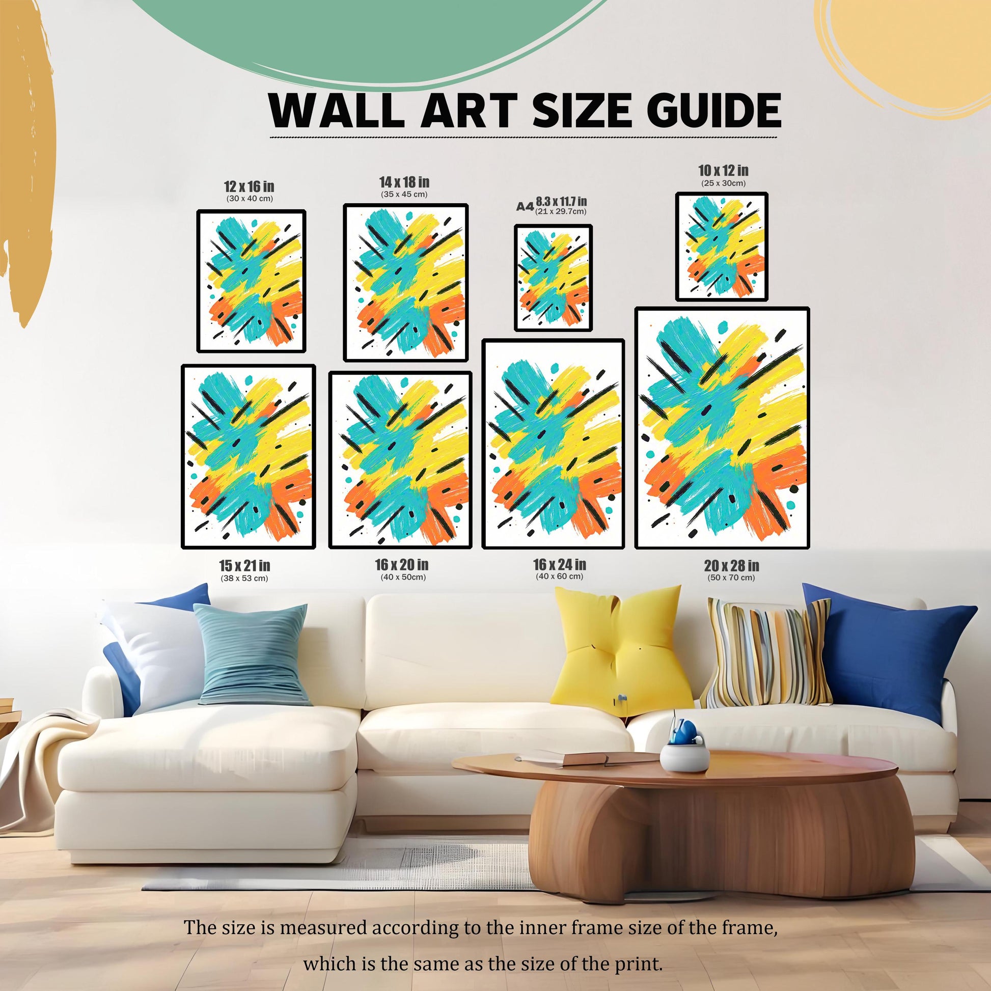 A Wall Art Size Guide showing the framed abstract print in nine different sizes (e.g., 12x16 in, 16x20 in) superimposed over a white couch in a living room for scale.