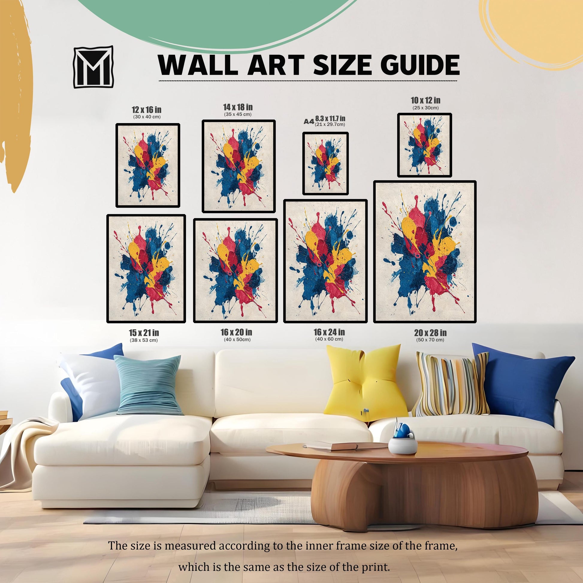 A Wall Art Size Guide graphic showing multiple sizes of the abstract print displayed above a white sofa. Available sizes listed are: 12x16 in, 14x18 in, A4 (8.3x11.7 in), 10x12 in, 15x21 in, 16x20 in, 16x24 in, and 20x28 in.