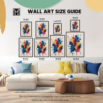 A Wall Art Size Guide graphic showing multiple sizes of the abstract print displayed above a white sofa. Available sizes listed are: 12x16 in, 14x18 in, A4 (8.3x11.7 in), 10x12 in, 15x21 in, 16x20 in, 16x24 in, and 20x28 in.