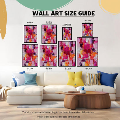 Wall art size guide showing the abstract print in eight different dimensions (e.g., 12 x 16 in, 16 x 20 in, 20 x 28 in) arranged above a long white sofa in a living room setting. Text notes the size is measured according to the inner frame size/print size."