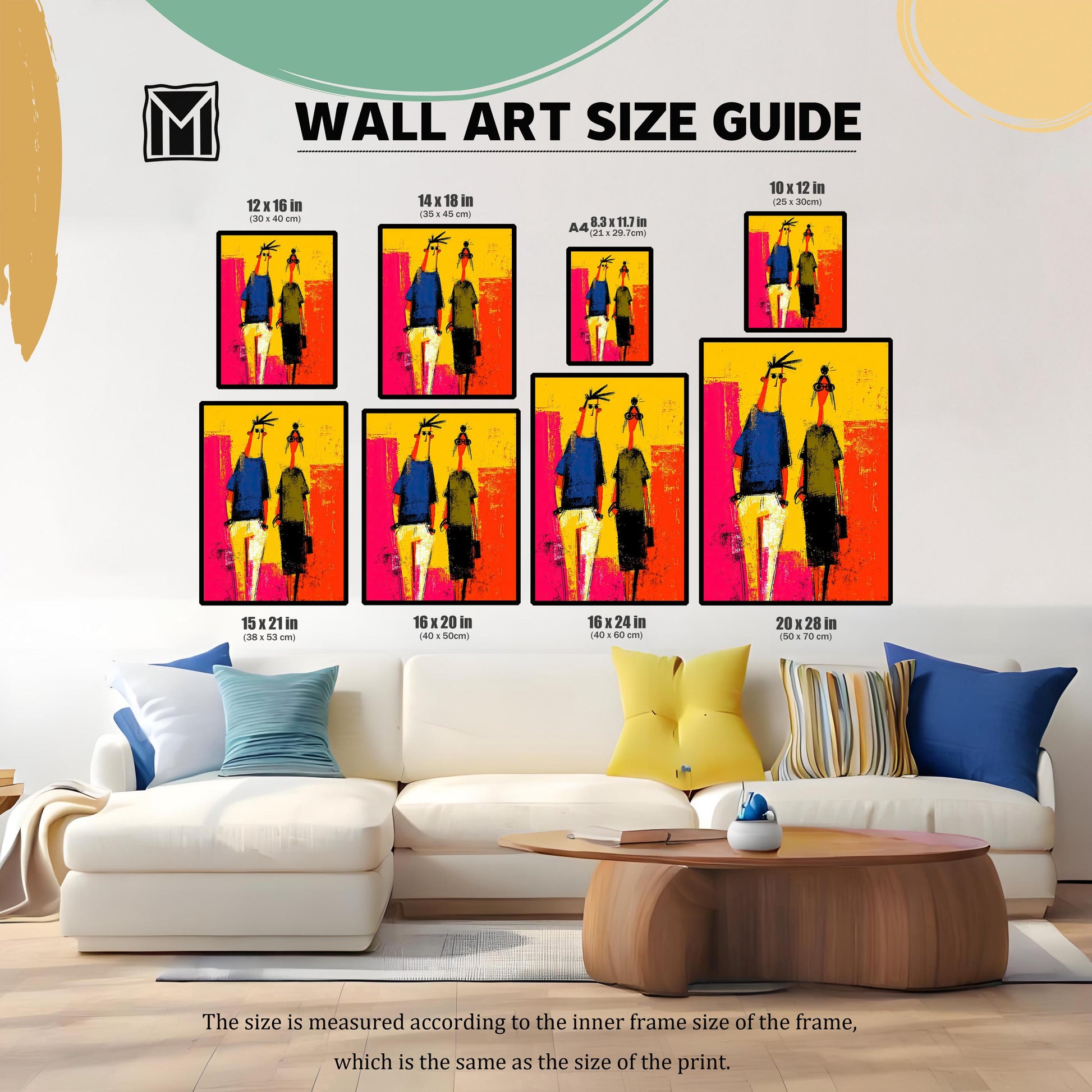 WALL ART SIZE GUIDE: Abstract painting of two figures displayed in multiple frame sizes over a modern white sofa and coffee table. Sizes include 10x12, 12x16, 14x18, A4, 15x21, 16x20, 16x24, and 20x28 inches.