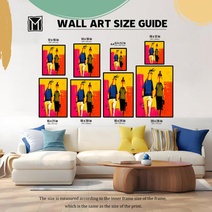 WALL ART SIZE GUIDE: Abstract painting of two figures displayed in multiple frame sizes over a modern white sofa and coffee table. Sizes include 10x12, 12x16, 14x18, A4, 15x21, 16x20, 16x24, and 20x28 inches.