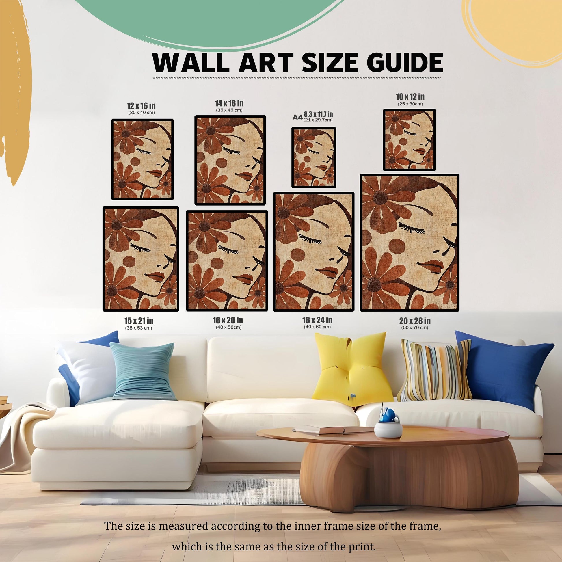 Boho Flower Woman Profile Art Print: Mid Century Portrait, Wood Frame Wall Decor