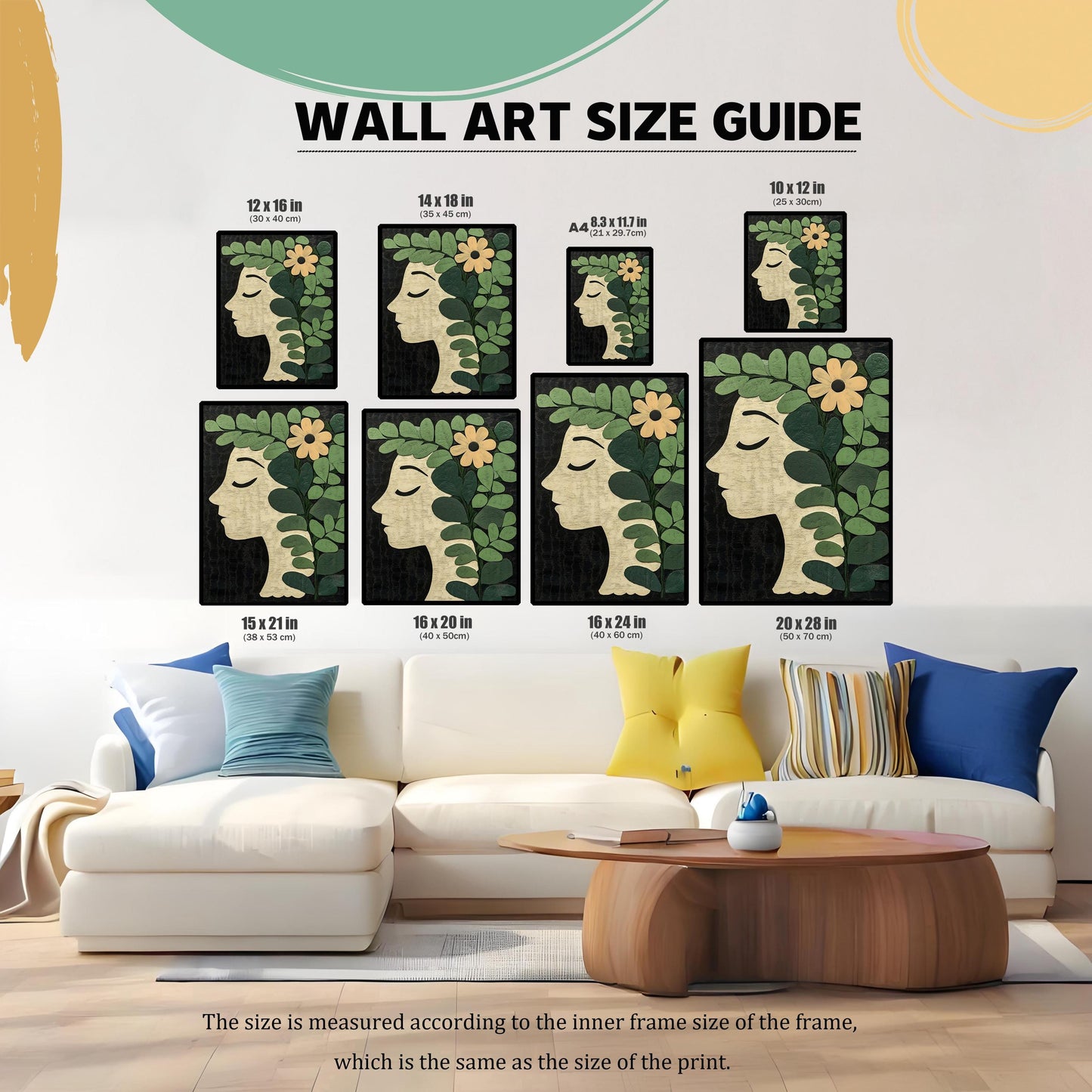 Wall Art Size Guide showing eight different print sizes (e.g., 12×16 in, A4, 20×28 in) positioned above a white sectional couch and coffee table for scale. The artwork is a botanical profile portrait on a dark background. Note at bottom states size is measured according to the inner frame size.