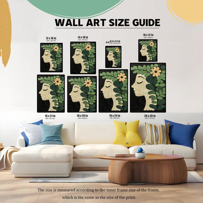 Wall Art Size Guide showing eight different print sizes (e.g., 12×16 in, A4, 20×28 in) positioned above a white sectional couch and coffee table for scale. The artwork is a botanical profile portrait on a dark background. Note at bottom states size is measured according to the inner frame size.