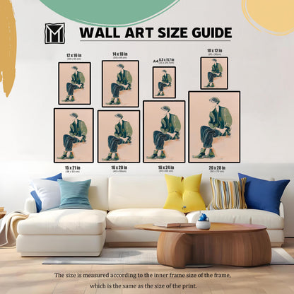 Wall Art Size Guide illustrating different print sizes: 12x16, 14x18, A4 (8.3x11.7), 10x12, 15x21, 16x20, 16x24, and 20x28 inches (with centimeter conversions) over a white couch.