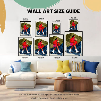 A WALL ART SIZE GUIDE image showing nine different framed prints of the hiking woman (e.g., 12x16 in, 16x24 in, 20x28 in) placed above a white sectional sofa and coffee table for scale. Text notes the size is measured according to the inner frame size.