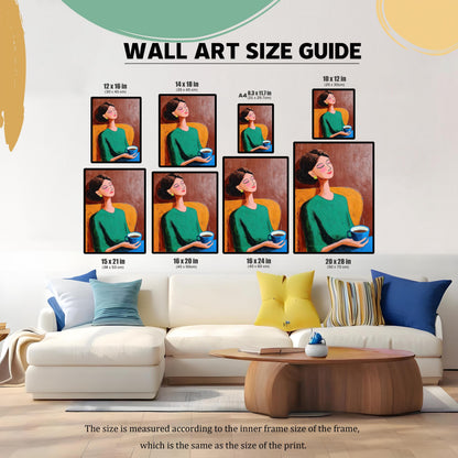 Woman with Coffee Cup Art Print: Relaxing Portrait, Wood Framed