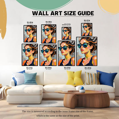 A wall art size guide displays eight different sizes of the framed art print, shown above a couch in a living room setting.