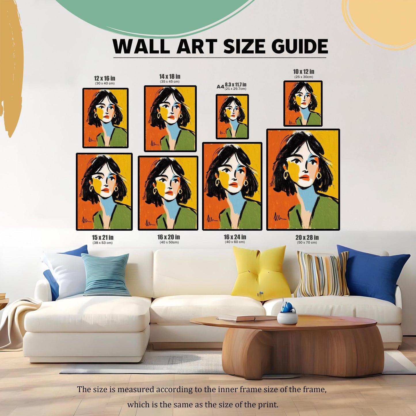 A wall art size guide displays eight different sizes of the framed art print, shown above a couch in a living room setting.