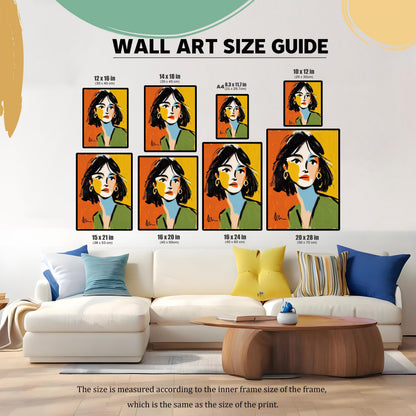 A wall art size guide displays eight different sizes of the framed art print, shown above a couch in a living room setting.
