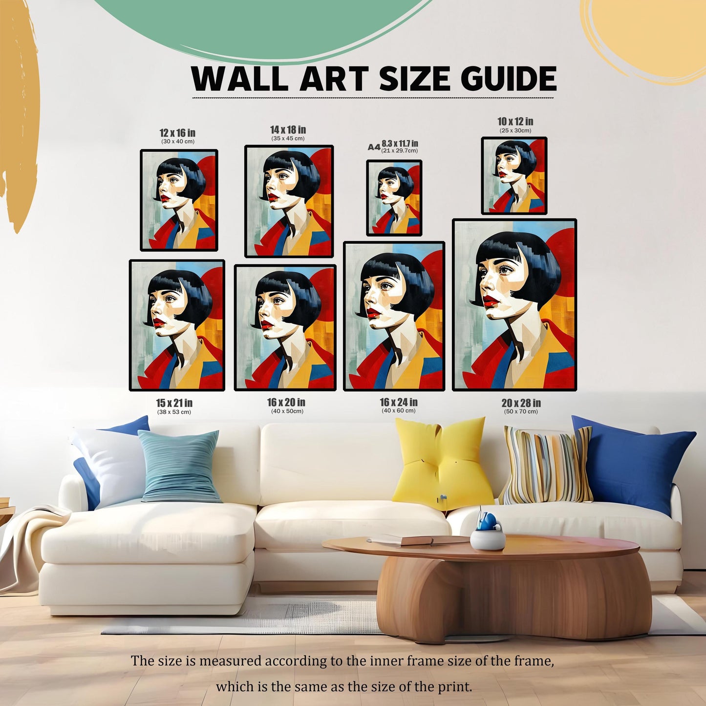 A "WALL ART SIZE GUIDE" shows multiple framed prints of a woman in various sizes above a white couch, with dimensions in both inches and centimeters.