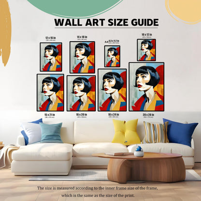 A "WALL ART SIZE GUIDE" shows multiple framed prints of a woman in various sizes above a white couch, with dimensions in both inches and centimeters.