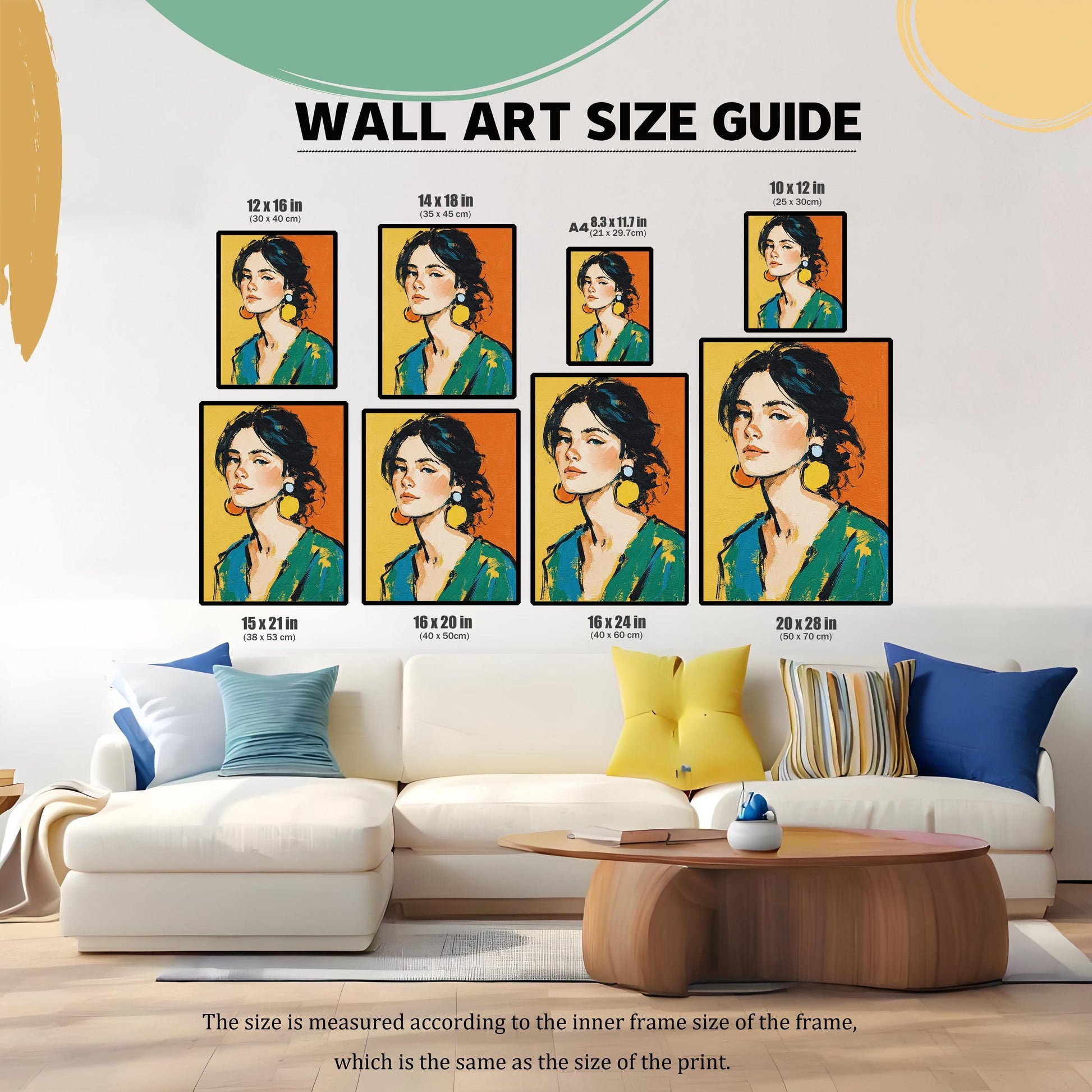 A "WALL ART SIZE GUIDE" shows multiple sizes of the art print arranged in a grid above a couch, with dimensions in both inches and centimeters.