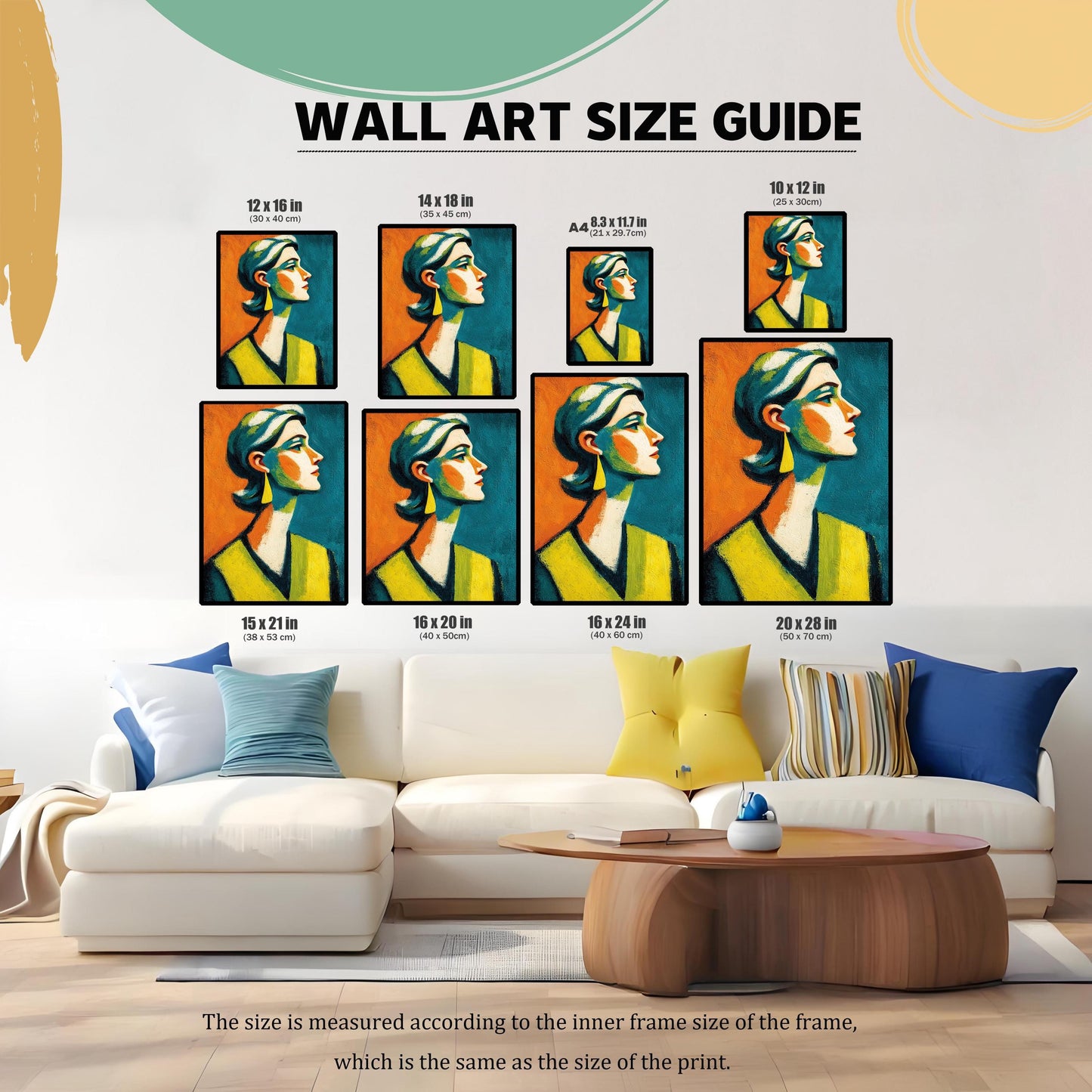 A "WALL ART SIZE GUIDE" showing various sizes of the abstract portrait print displayed above a living room couch. The image sizes range from 8.3x11.7 inches to 20x28 inches.