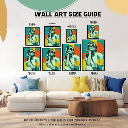 A "WALL ART SIZE GUIDE" showing various sizes of the pop-art style print displayed above a living room couch. The image sizes range from 8.3x11.7 inches to 20x28 inches.