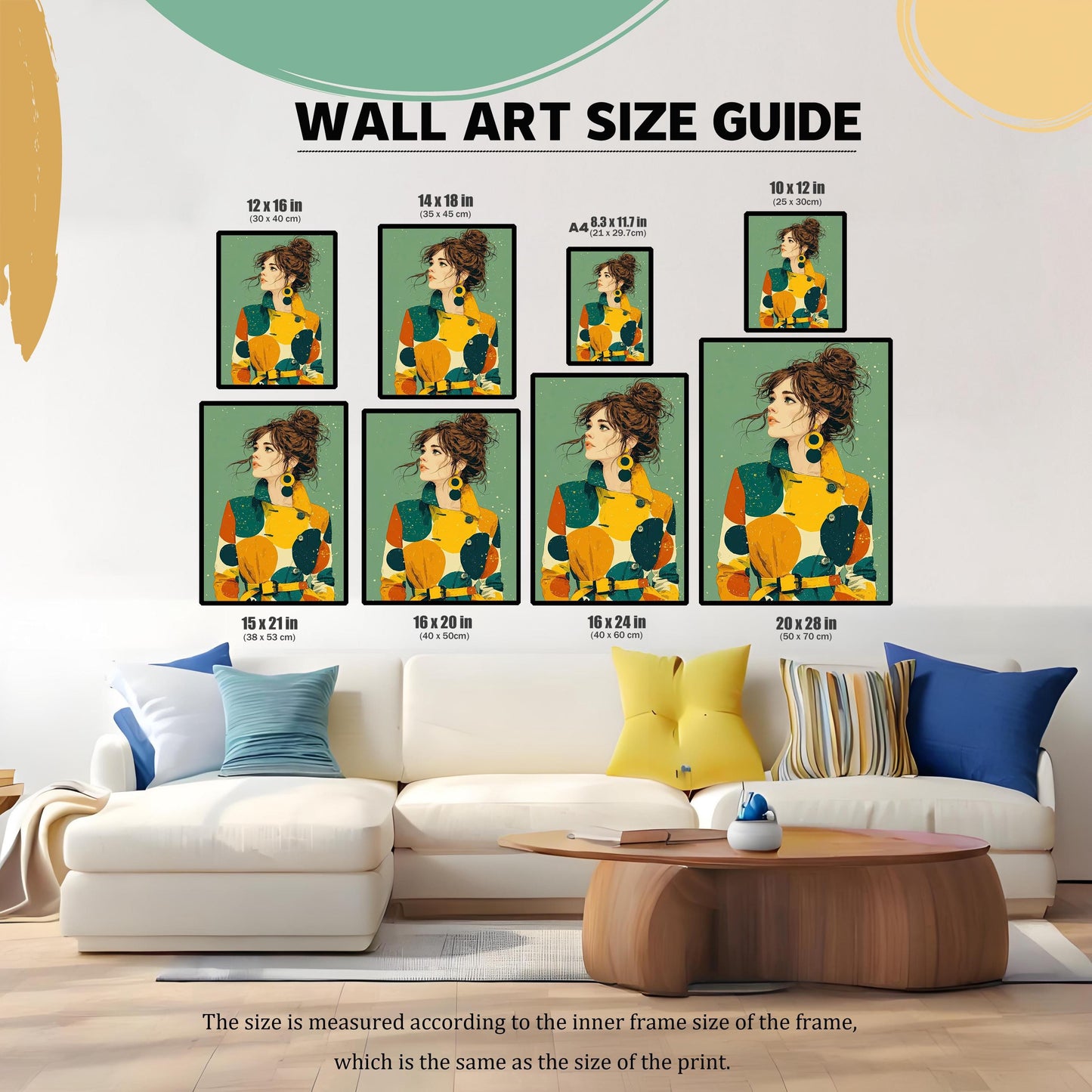 A wall art size guide showing various sizes of the same print displayed above a long couch. The sizes range from 8.3 x 11.7 inches to 20 x 28 inches.