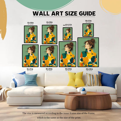 A wall art size guide showing various sizes of the same print displayed above a long couch. The sizes range from 8.3 x 11.7 inches to 20 x 28 inches.