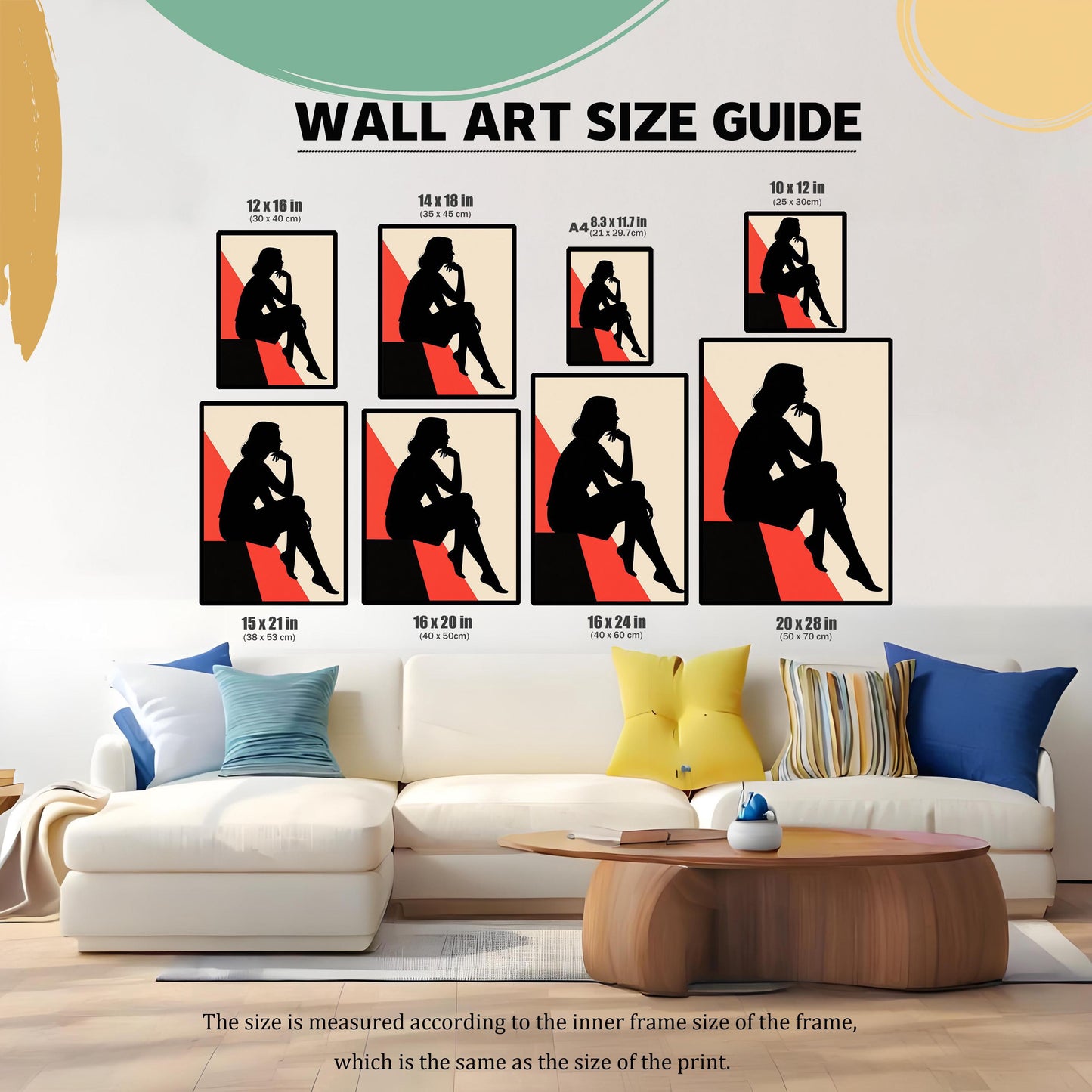 A "Wall Art Size Guide" showing a modern silhouette art piece in different sizes in a living room over a large white sofa. Sizes range from 8.3x11.7 inches to 20x28 inches.