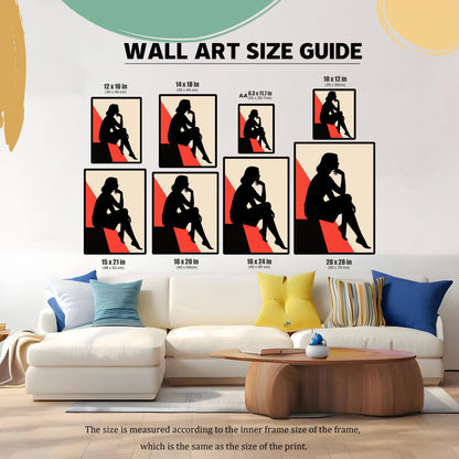 A "Wall Art Size Guide" showing a modern silhouette art piece in different sizes in a living room over a large white sofa. Sizes range from 8.3x11.7 inches to 20x28 inches.