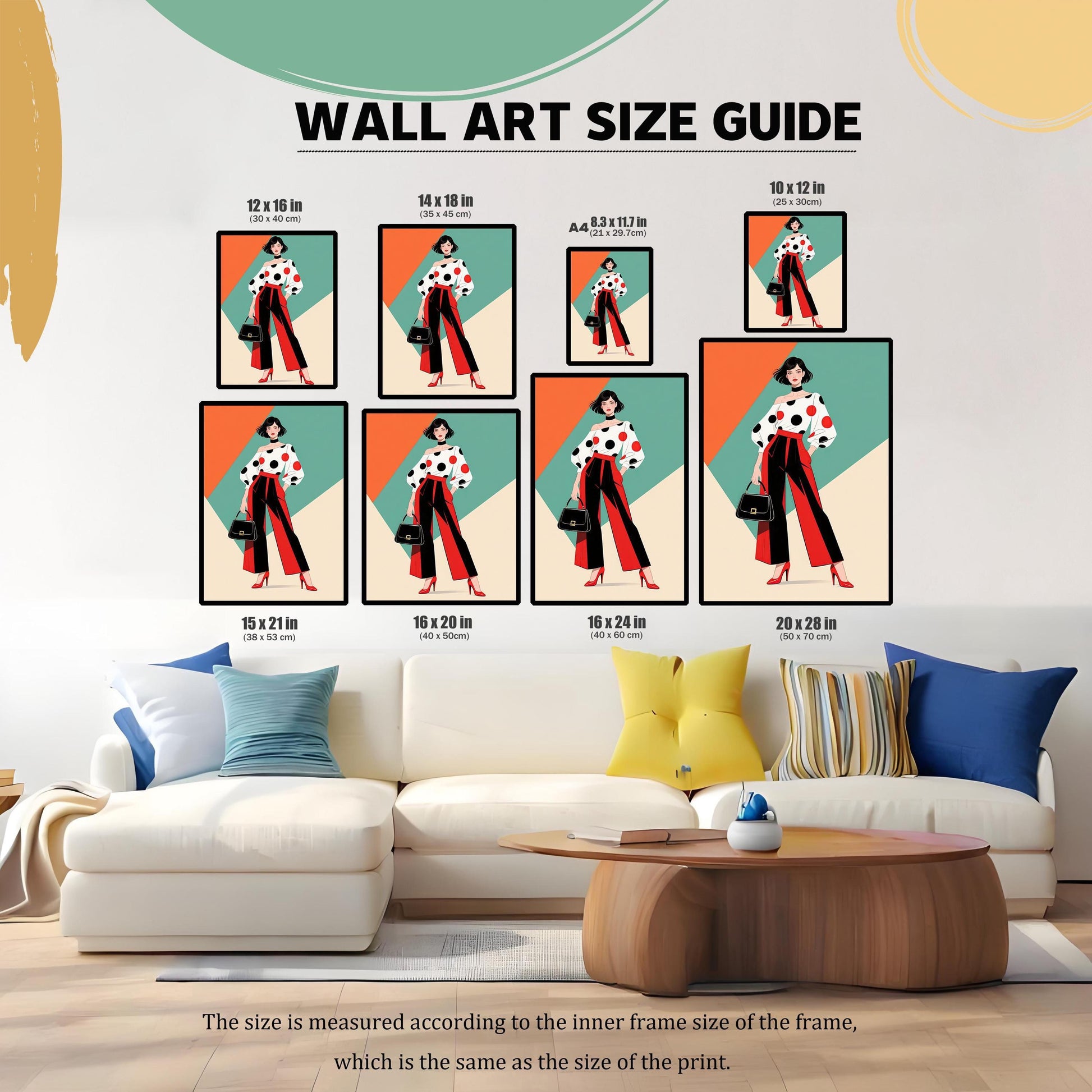 A "Wall Art Size Guide" showing a modern art print in various sizes in a living room over a white sofa. The artwork features a woman in a polka-dot shirt and red pants.