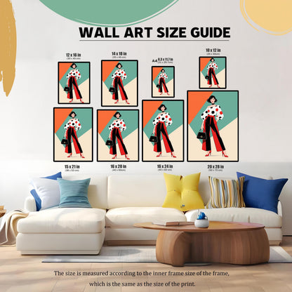 A "Wall Art Size Guide" showing a modern art print in various sizes in a living room over a white sofa. The artwork features a woman in a polka-dot shirt and red pants.
