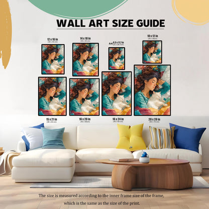 A wall art size guide showing the same print in various dimensions, displayed on a wall above a white couch with different colored pillows.