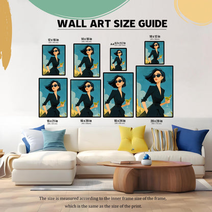 A wall art size guide showing the same art print in various dimensions, displayed on a wall above a white couch with different colored pillows.