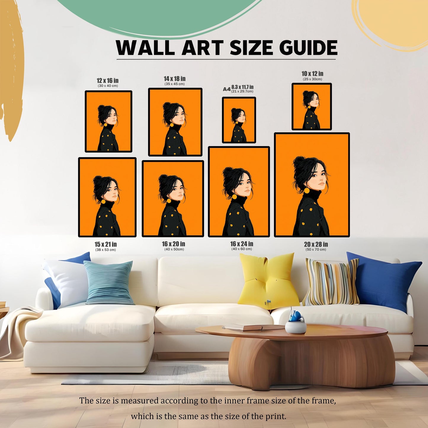 A wall art size guide showing various sizes of an art print featuring a woman with dark hair against an orange background. The prints are arranged on a wall above a white sectional sofa.