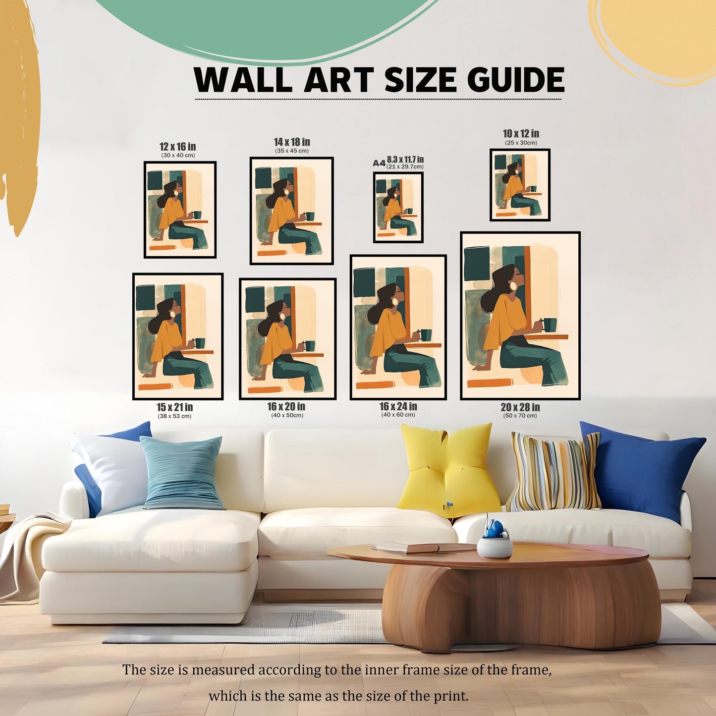Wall art size guide showing various dimensions for the print, from 10x12 inches to 20x28 inches. Visual comparison of print sizes like A4, 12x16, 14x18, 15x21, 16x20, and 16x24 inches above a sofa. This guide helps customers choose the perfect size for their space.