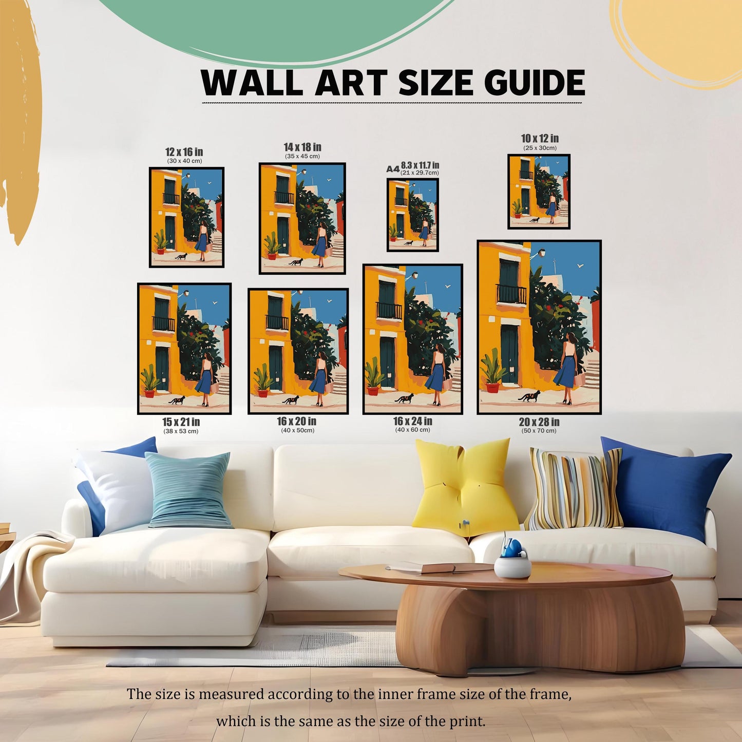 Wall art size guide showing various dimensions for the print, from 10x12 inches to 20x28 inches. Visual comparison of print sizes like A4, 12x16, 14x18, 15x21, 16x20, and 16x24 inches above a sofa. This guide helps customers choose the perfect size for their space.