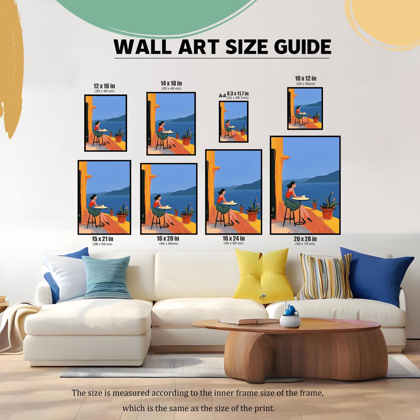 Wall art size guide for framed prints, showing various dimensions including 12x16, 14x18, A4, 10x12, 15x21, 16x20, 16x24, and 20x28 inches. The guide helps customers visualize different sizes in a living room setting.